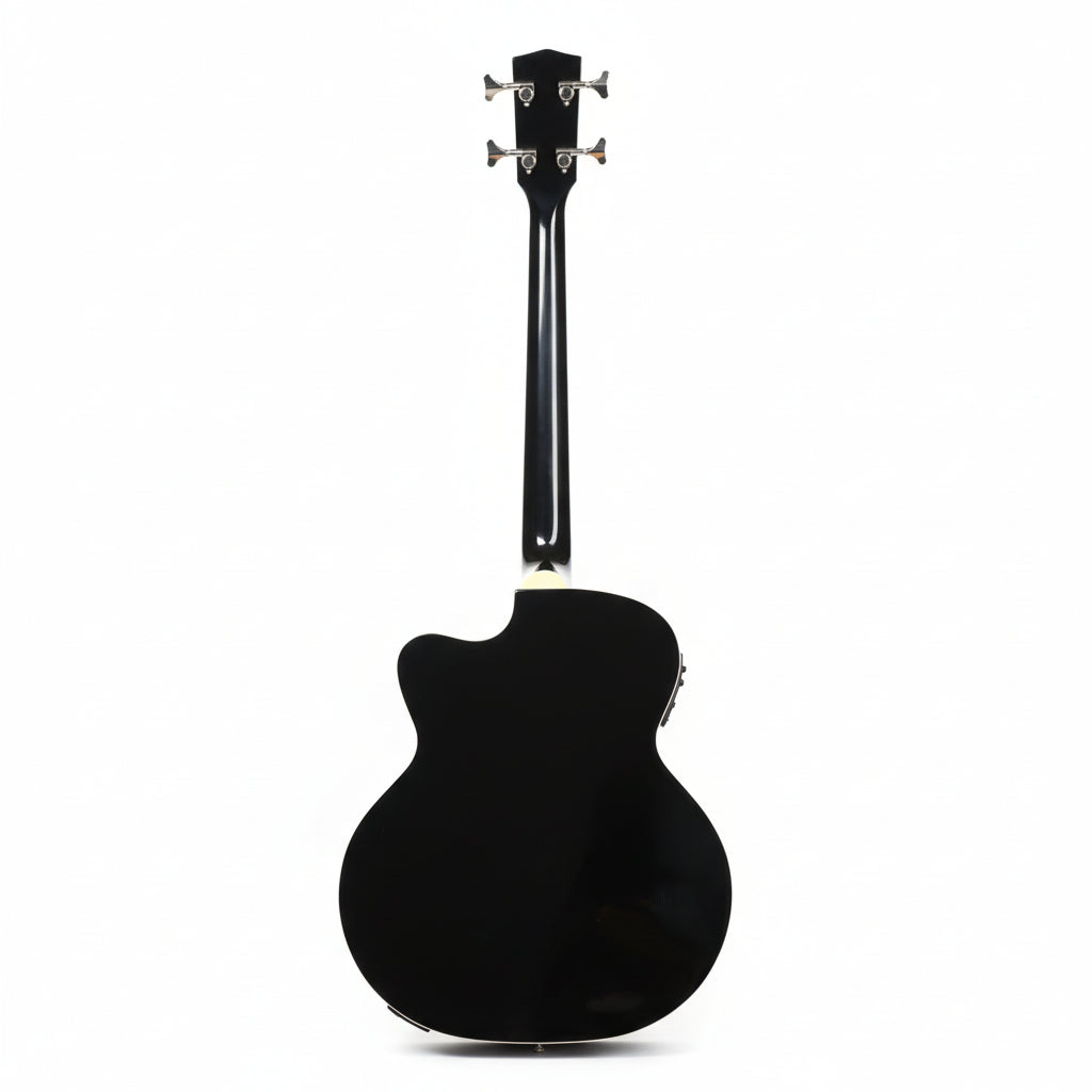 MUSICARTNEY | BAJO ELECTROACÚSTICO COLOR NEGRO, ALTO BRILLO,  STILO SUPER JUMBO, TAPA DE ABETO ROJO, CUERPO Y MASTIL DE CAOBA