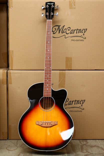 MUSICARTNEY | BAJO ELECTROACUSTICO COLOR SUN BURST, ALTO BRILLO,  STILO SUPER JUMBO, TAPA DE ABETO ROJO, CUERPO Y MASTIL DE CAOBA