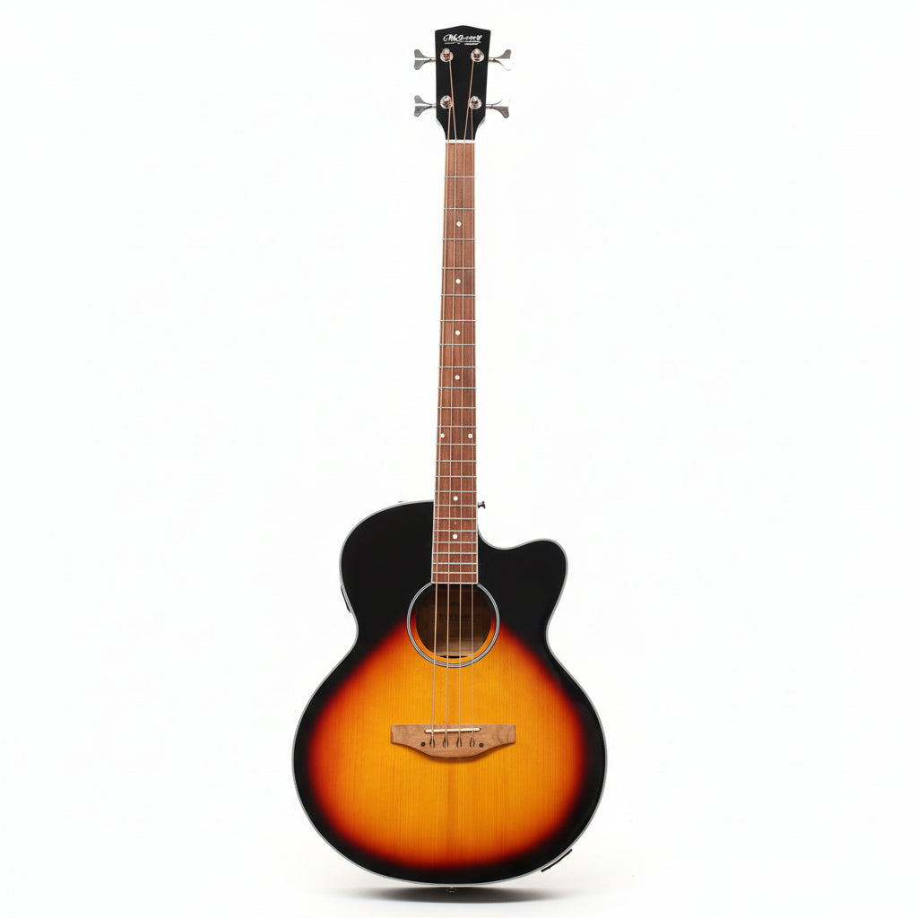 MUSICARTNEY | BAJO ELECTROACUSTICO COLOR SUN BURST, ALTO BRILLO, STILO SUPER JUMBO, TAPA DE ABETO ROJO, CUERPO Y MASTIL DE CAOBA