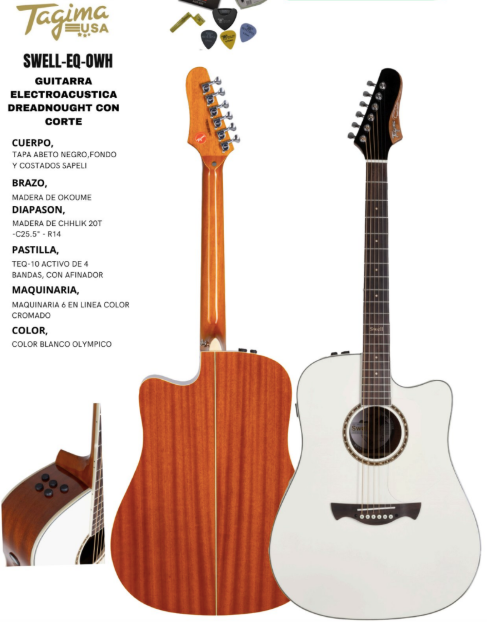 TAGIMA | GUITARRA ELECTROACUSTICA TAGIMA SWELL ACERO COLOR BLANCO OLYMPICO