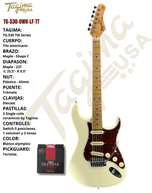 TAGIMA | GUITARRA TAGIMA ELECTRICA TIPO ST, COLOR BLANCO OLYMPICO CON MICA VINO