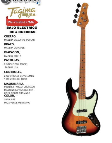 TAGIMA | BAJO ELECTRICO 4 CUERDAS TIPO JAZZ BASS, COLOR SOMBREADO