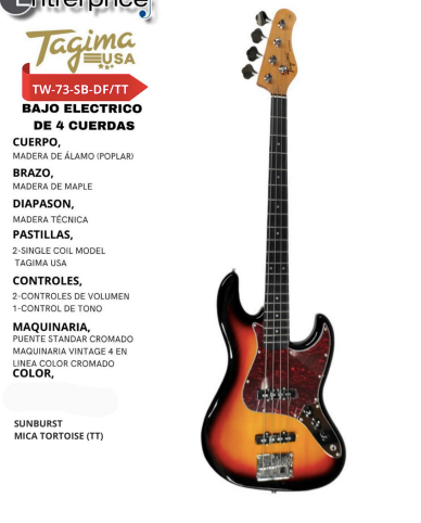 TAGIMA | BAJO ELECTRICO 4 CUERDAS TIPO JAZZ BASS, COLOR SOMBREADO