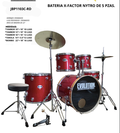 EVOLUTION | BATERIA NYTRO X FACTOR CON PLATILLOS, COLOR ROJO