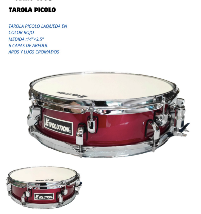EVOLUTION | TAROLA PICOLO DE 14&quot;x 3.5&quot; TERMINADO  LACADO,ABEDUL DE 6 CAPAS HERRAJE CROMADO.