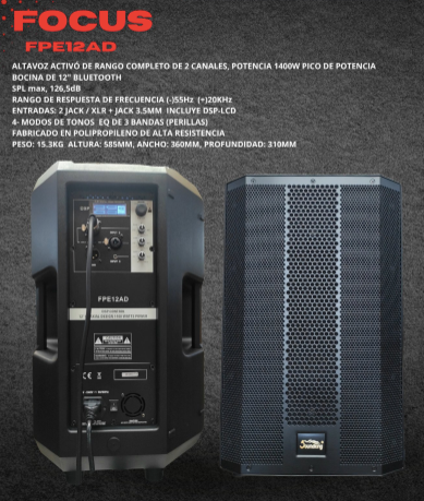 ALTAVOZ ACTIVO DE RANGO COMPLETO POTENCIA 1400W BOCINA DE 12&quot;, ENTRADAS: 2 JACK/XLR + JACK 3.5MM (DSP 4- Modos de tono Ecualizador de 3 Bandas) FABRICADO EN POLIPROPILENO DE ALTA RESISTENCIA.