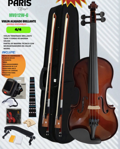 PARIS | VIOLÍN CON TAPA MACIZA DE ABETO, ACABADO BRILLANTE EN COLOR MARRÓN. INCLUYE AFINADOR DE CLIP, CUERDAS EXTRA, DESCANSAHOMBRO, BREA, ARCO Y ESTUCHE SEMIRRÍGIDO.
