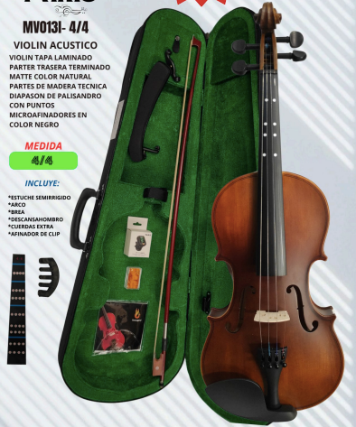 PARIS | VIOLÍN CON TAPA LAMINADA, ACABADO MATE EN COLOR NATURAL Y PARTES DE MADERA TÉCNICA. DIAPASÓN DE PALISANDRO CON PUNTOS. INCLUYE AFINADOR DE CLIP, CUERDAS EXTRA, DESCANSAHOMBRO, BREA, SORINA, PEGATINA DE BRAZO, ARCO Y ESTUCHE SEMIRRÍGIDO.