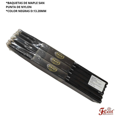 FLEET MUSIC | BAQUETAS DE MAPLE COLOR NEGRO 5AN PUNTA DE NYLON D:13.20MM