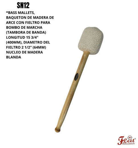 FLEET MUSIC | BAQUETON  CON FIELTRO ( MADERA ARCE), USO PARA TAMBORA /LONGITUD 15 3/4&quot; (400MM), DIAMETRO DEL FIELTRO 2 1/2&quot; (64MM)