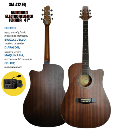 SMIGER | GUITARRA ELECTROACÚSTICA TEXANA CON CORTE DE 41 PULGADAS, EQ (S-Q4-MIC) CUERPO: TAPA SUPERIOR MAHOGANY, TAPA INFERIOR Y COSTADOS MAHOGANY DIAPASON: MADERA DE TÉCNICA   MAQUINARIA: 3+3 ACABADO: TERMINADO MATE