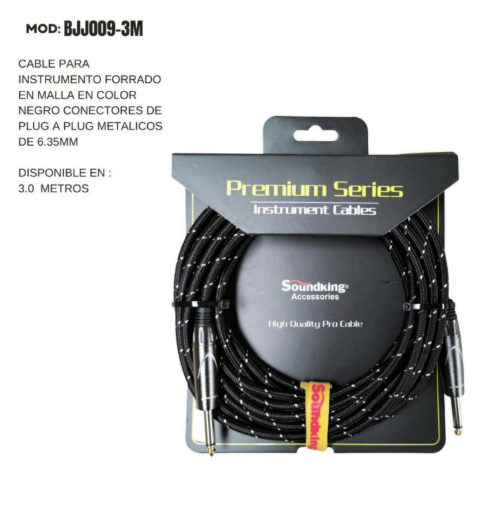 SOUNDKING | CABLE FORRADO CON TELA COLOR NEGRO PARA INSTRUMENTO (PLUG A PLUG) 3MTS
