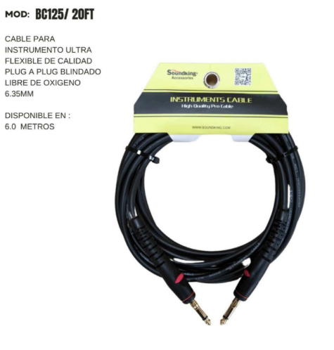 SOUNDKING | CABLE PARA INSTRUMENTO FLEXIBLE PLUG A PLUG DE 6.3 MM BLINDADO  6 MTS.