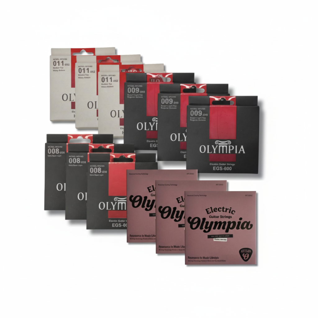OLYMPIA | CAJA CON 4 DIFERENTES MODELOS DE CUERDA PARA GUITARRA ELECTRICA, MIXEADA CON 3 PZAS EN 4 MODELOS DIFERENTES, EN DISTINTOS CALIBRES