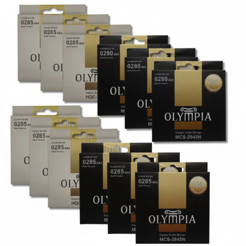 OLYMPIA | CAJA DE CUERDAS DE NYLON 12 PZAS EN 2 MODELOS, TENSION ALTA Y NORMAL