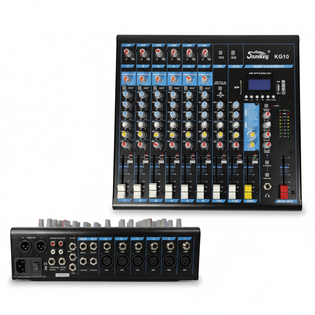 SOUNDKING | MEZCLADORA ANALOGA 10 CANALES (6 ENTRADAS DE MIC Y 2 ENTRADAS STEREO) SERIE KG,CUENTA CON ECUALIZADOR DE 3 BANDAS,COMPRESION DE CANALES INTEGRADA EFECTOS DSP Y UN VERSATIL SISTEMA DE REPRODUCCION Y GRABACION DE MP3/USB/TARJETA SD.