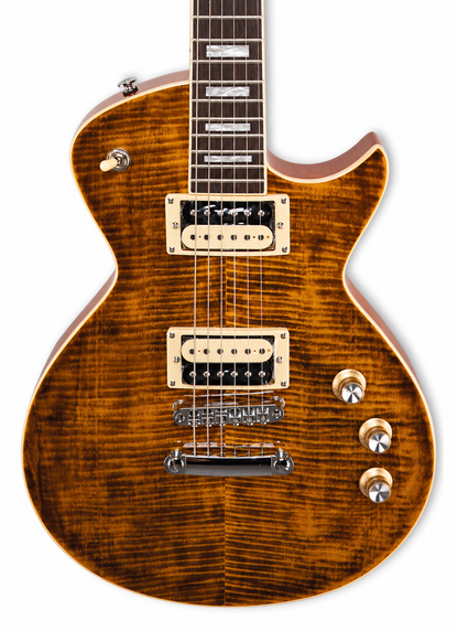 Tagima Guitarra eléctrica Mirach Flamed de 6 cuerdas Transparent Amber con estuche