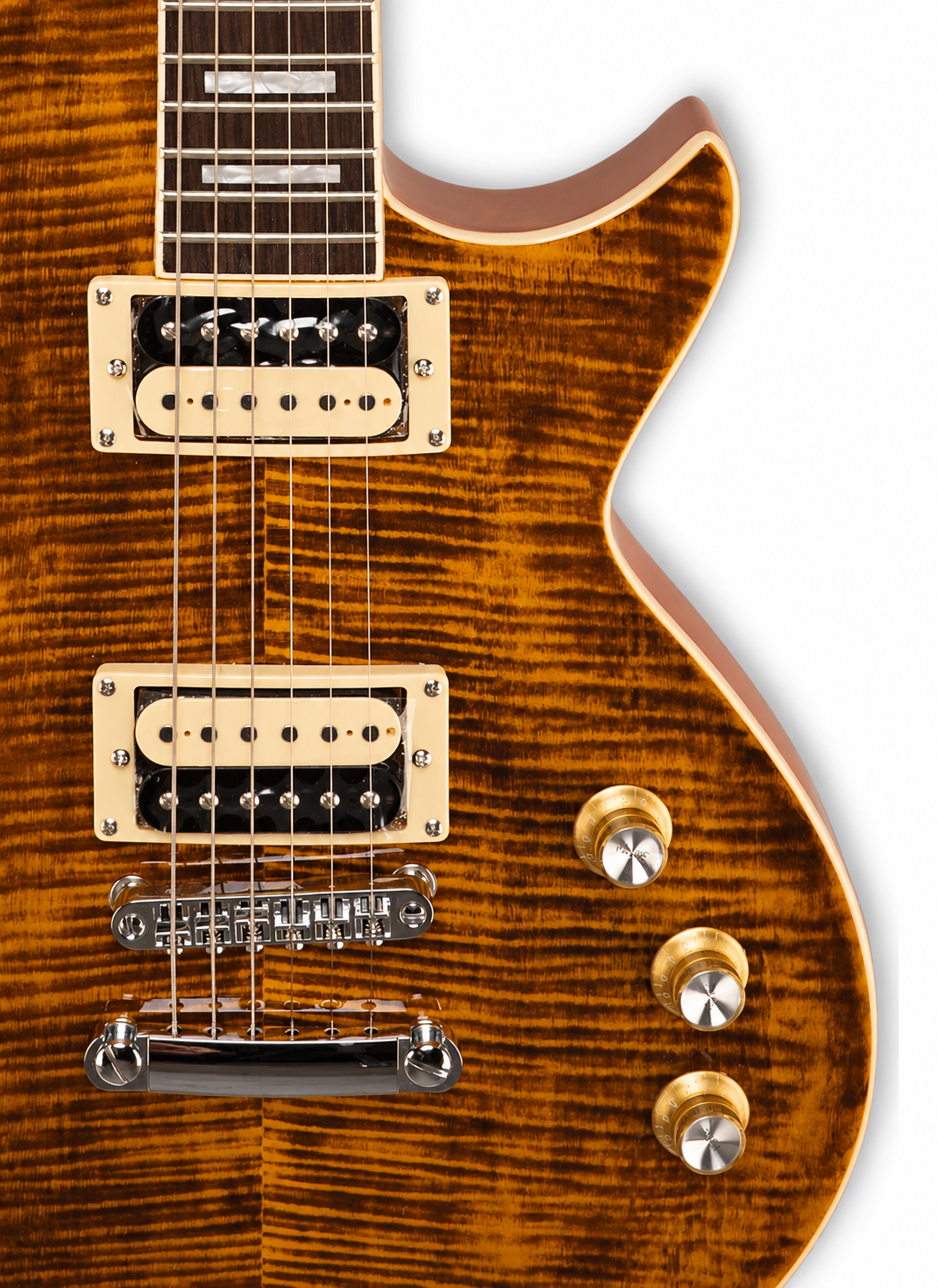 Tagima Guitarra eléctrica Mirach Flamed de 6 cuerdas Transparent Amber con estuche