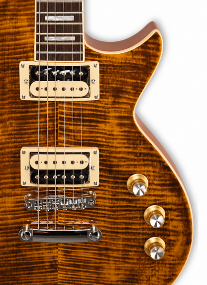 Tagima Guitarra eléctrica Mirach Flamed de 6 cuerdas Transparent Amber con estuche