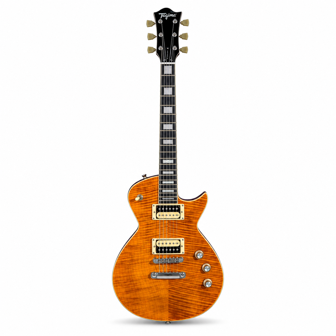 Tagima Guitarra eléctrica Mirach Flamed de 6 cuerdas Transparent Amber con estuche