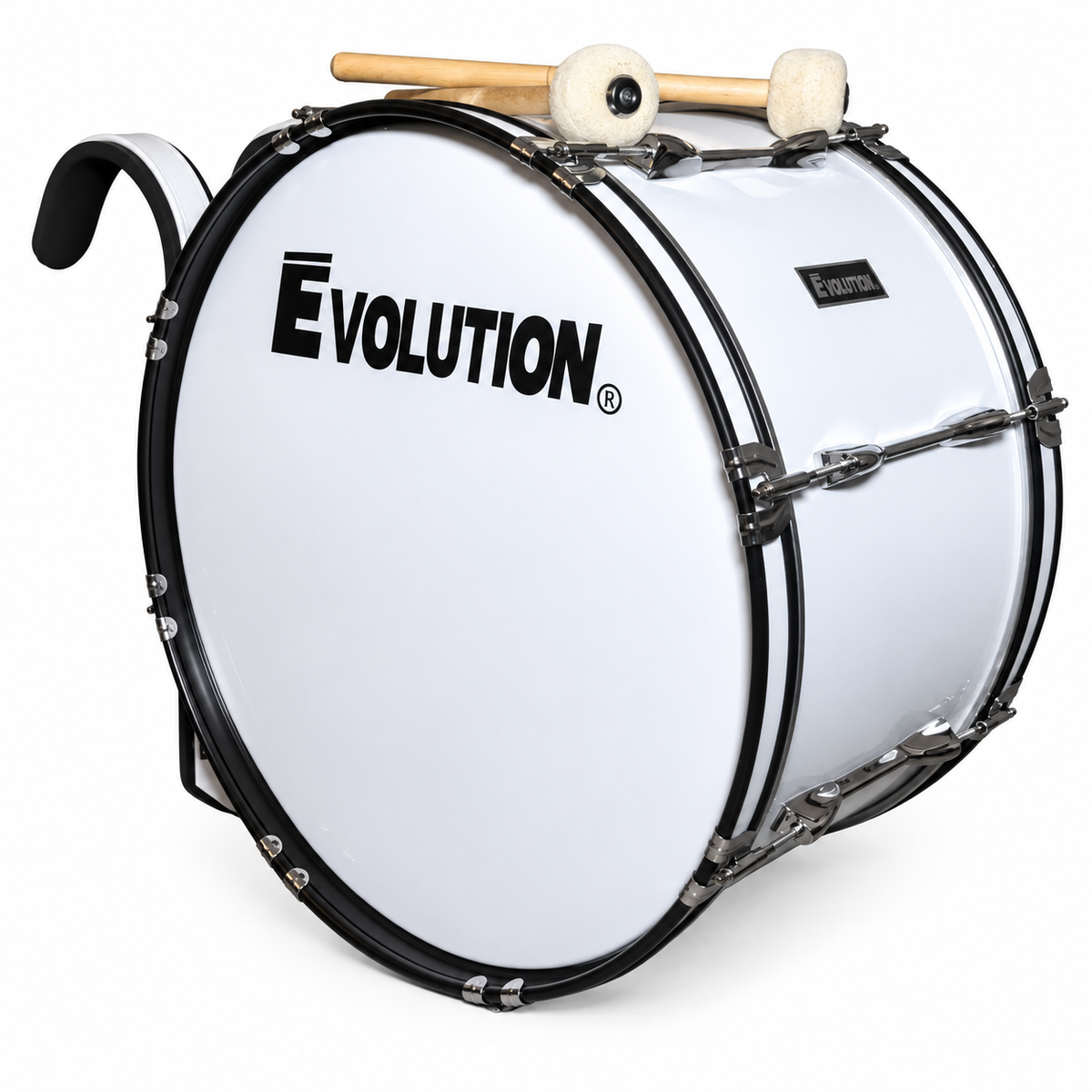 Evolution bombo de marcha JBMB-2212 con arnés y baquetones color blanco.