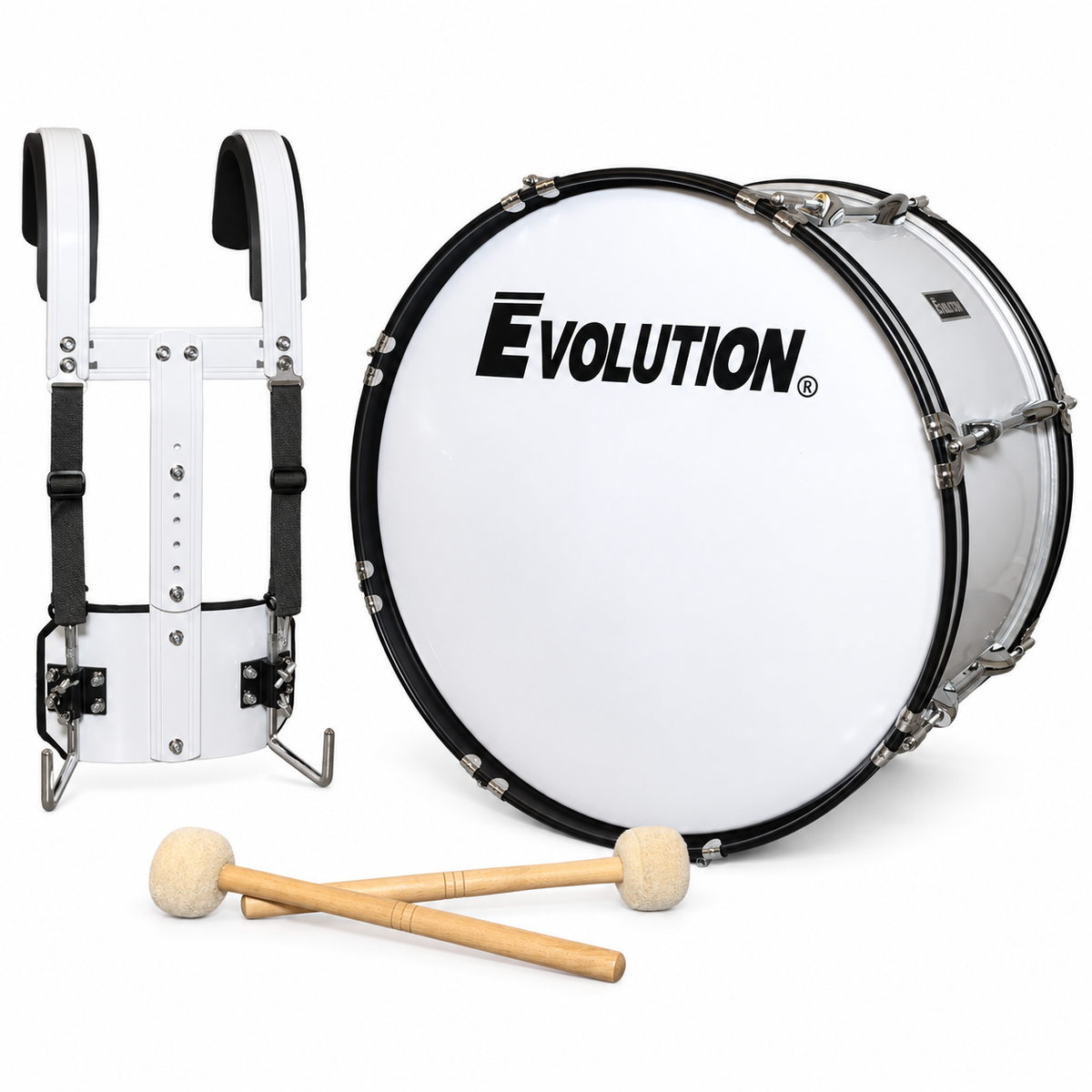 Evolution bombo de marcha JBMB-2212 con arnés y baquetones color blanco.