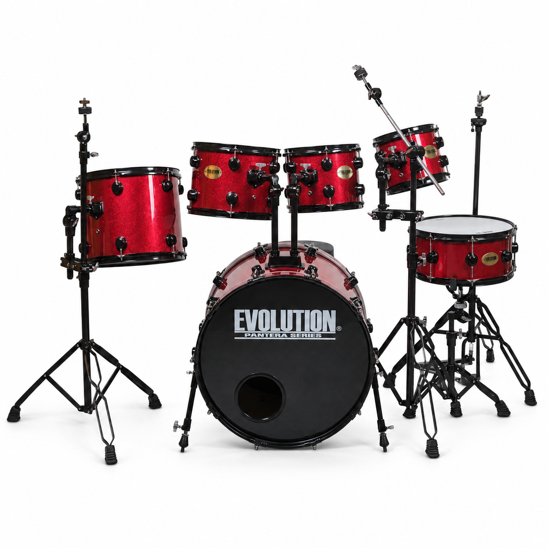 Evolution Batería Pantera de 6 piezas con aros negros Rojo Sparkle