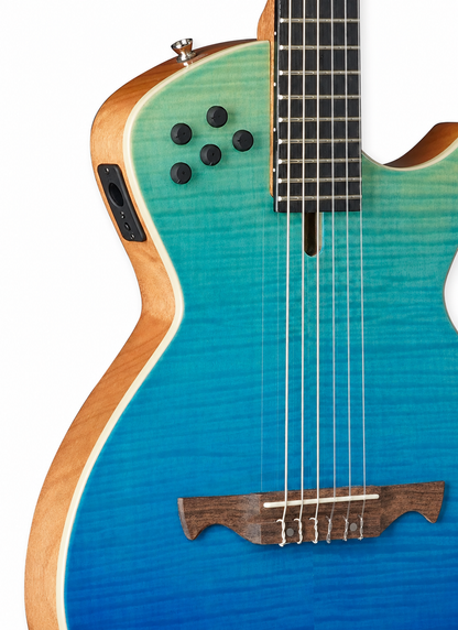 Tagima | Guitarra electroacústica Modena de 6 cuerdas de nylon slim – Transparent Blue Fade Gloss Gloss