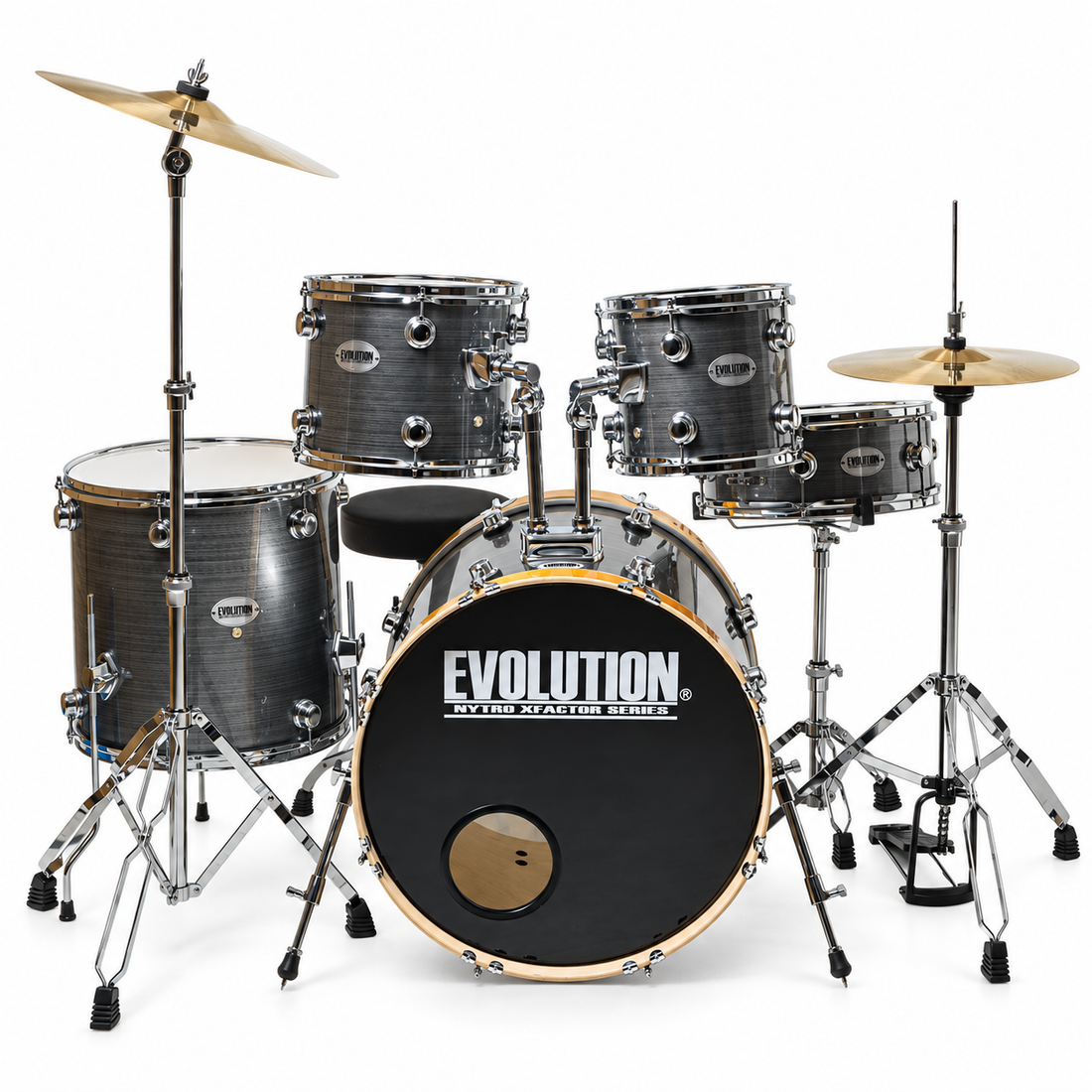 Evolution bateria Nytro X Factor plata con rayas 5 piezas con platillos