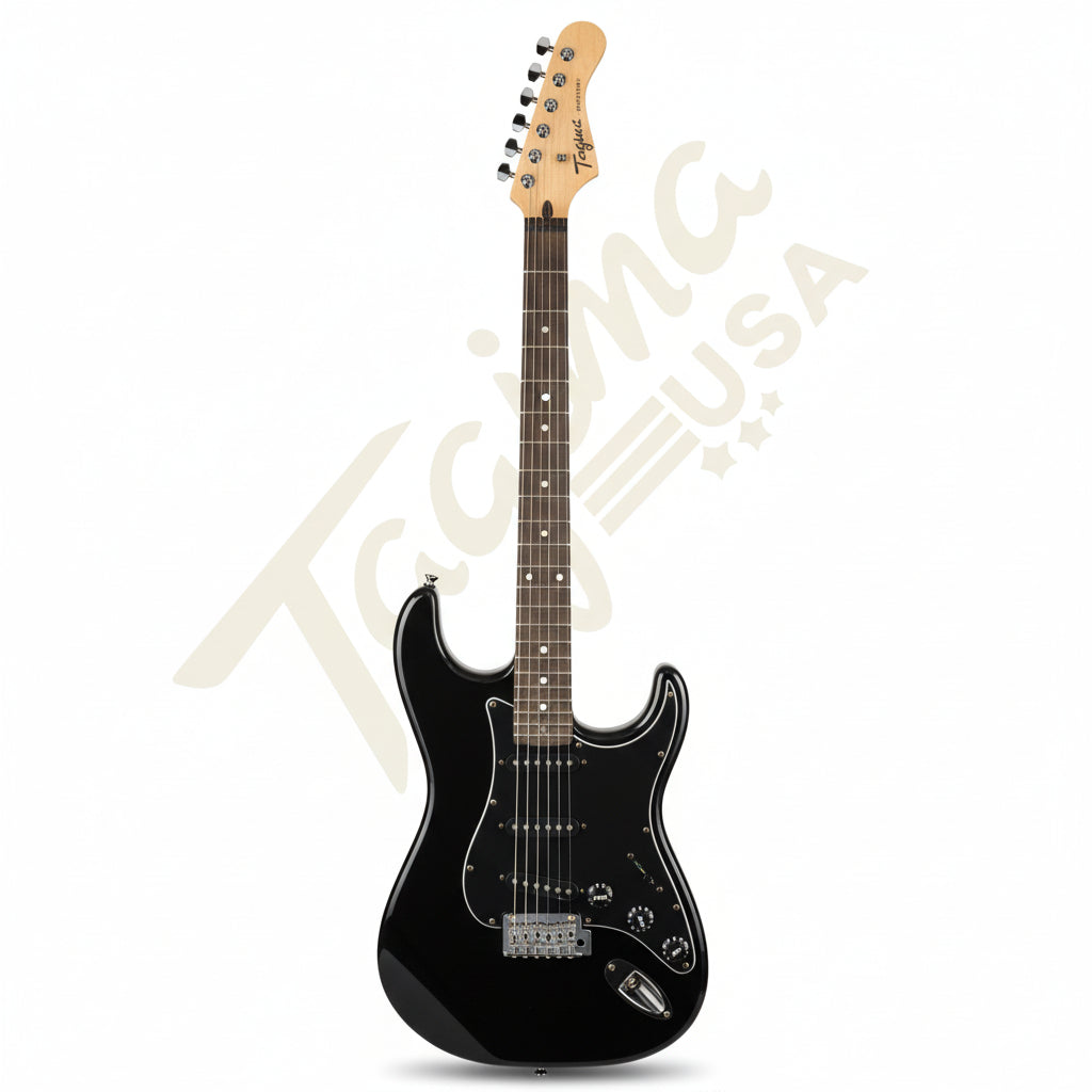 TAGIMA | GUITARRA ELECTRICA ZURDA TIPO ST,  COLO NEGRO CON MICA NEGRO, CUERPO TILO AMERICANO