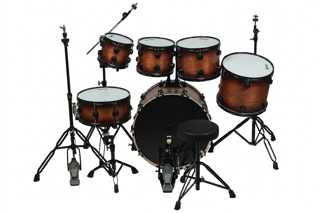 EVOLUTION | BATERÍA PANTERA DE 6 PIEZAS, TAMBORES DE 8", 10", 12", 14", 16" Y BOMBO DE 22", EN COLOR NEGRO CON RAYAS DORADAS