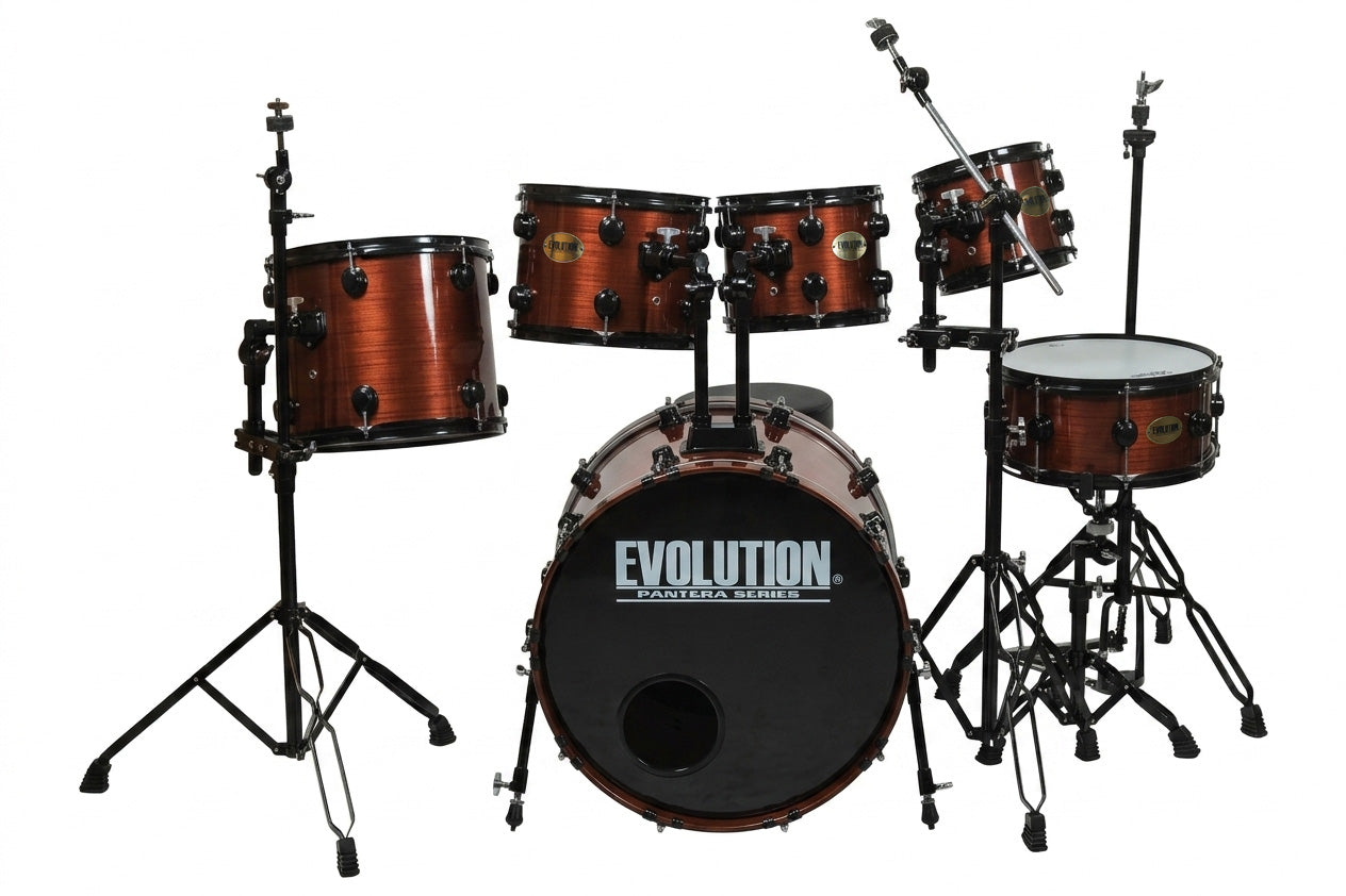 EVOLUTION | BATERÍA PANTERA DE 6 PIEZAS, TAMBORES DE 8", 10", 12", 14", 16" Y BOMBO DE 22", EN COLOR NEGRO CON RAYAS DORADAS